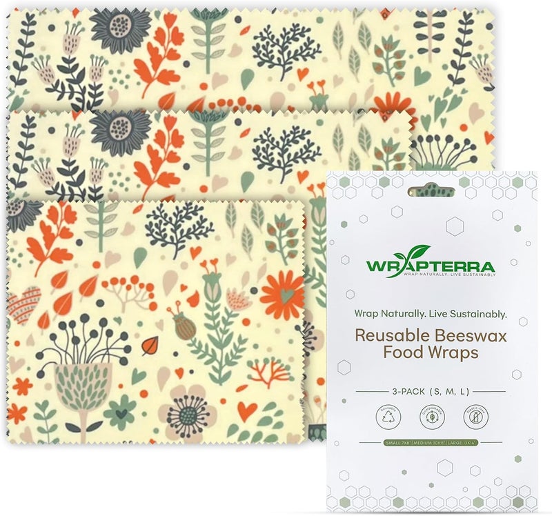 Wrapterra Beeswax Wraps for Food - Reusable & Moldable Bees Wax Covers for Bowls, Fruits, Cheese - Natural Food Storage Alternative to Aluminum Foil & Plastic Wrapping - Small, Medium, Large - 3-Pack - Image 1